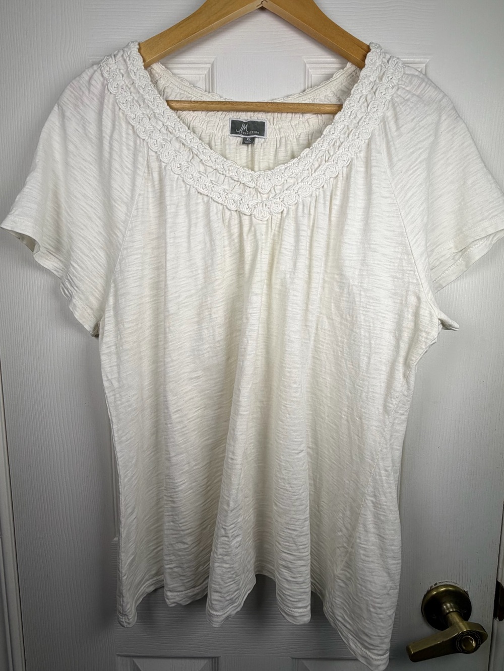 JM Collection Off White Crochet Trim Top Women's XL 100% Cotton Short Sleeve